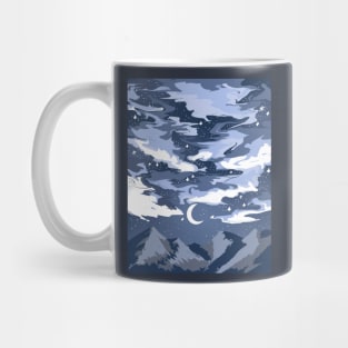 Blue cloudy sky above mountains with a crescent moon Mug